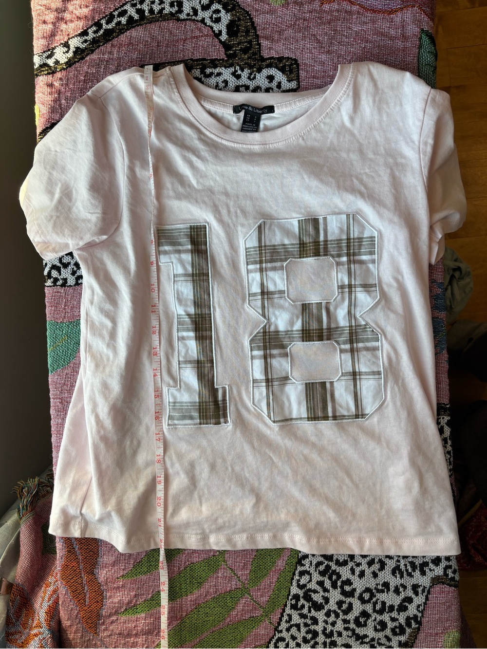 Light Pink Short Sleeve Tee with Plaid 18 Applique - Love and Liberty